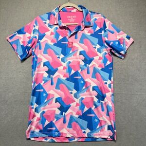 Pins & Aces Mens Small Pink Blue Geometric Crystal Performance Golf Polo Shirt